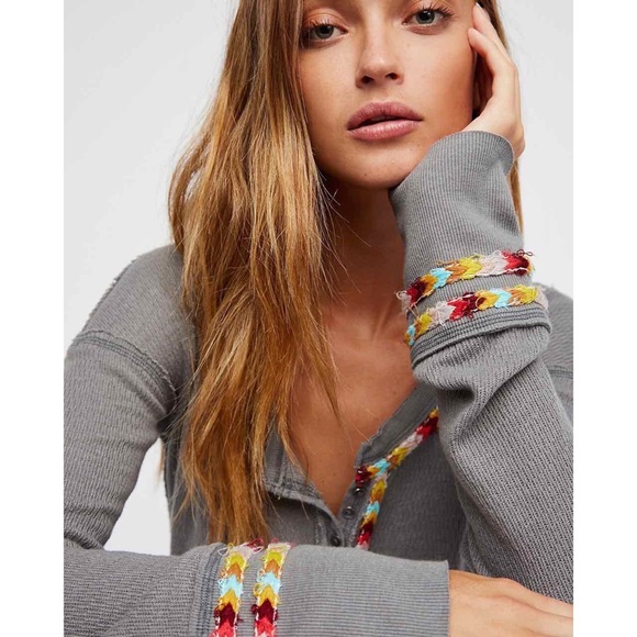 •Free People• Rainbow Thermal Henley Gray Boho - Picture 2 of 4